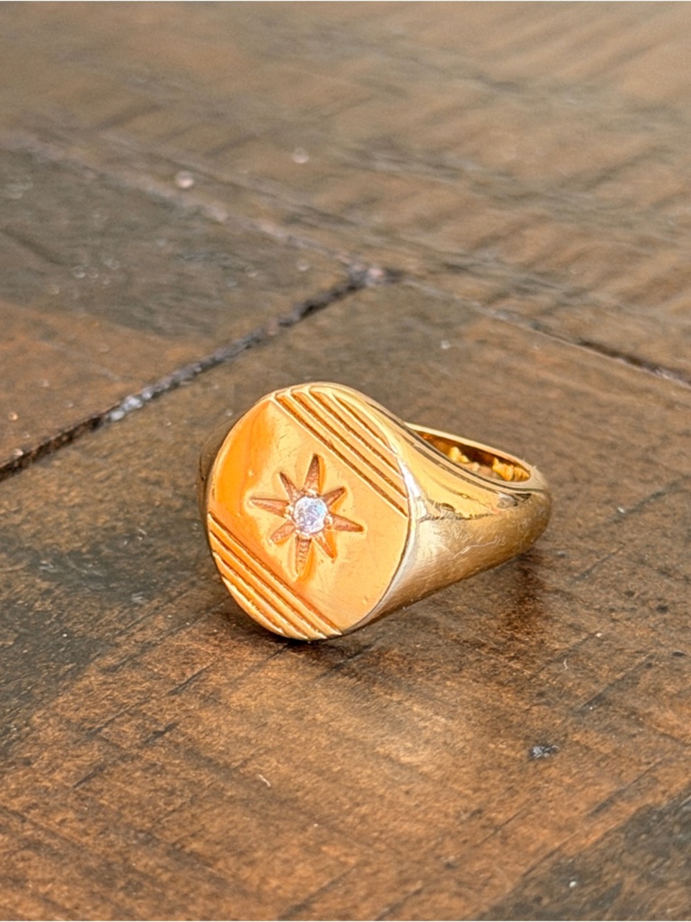 Gold Starburst Women's Signet Ring with Crystal Accent
